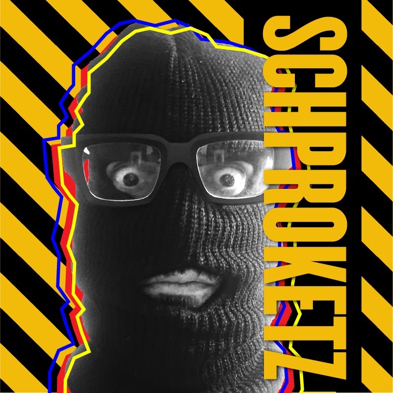Schproketz masked portrait in black and yellow hazard stripes